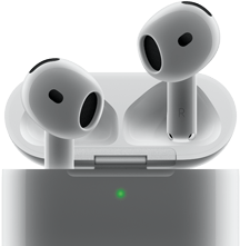 Die AirPods 4 schweben aus dem Case, das ein grünes Licht zeigt