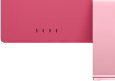Rückseite des iMac in Pink mit Anschlüssen, mit vier Thunderbolt Anschlüssen, WLAN 6E und Bluetooth