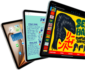 Drei iPad Air Displays, die iPadOS und App Features zeigen