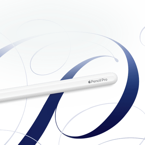 Apple Pencil Pro, Weiß, vor einem weißen Hintergrund mit blauen Wirbeln