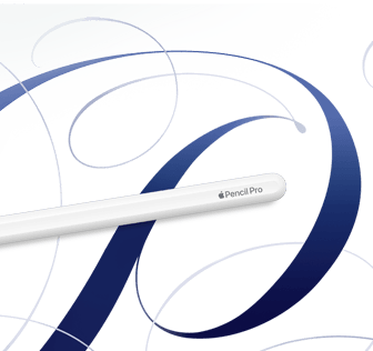 Apple Pencil Pro, Weiß, vor einem weißen Hintergrund mit blauen Wirbeln