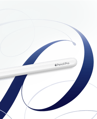 Apple Pencil Pro, Weiß, vor einem weißen Hintergrund mit blauen Wirbeln