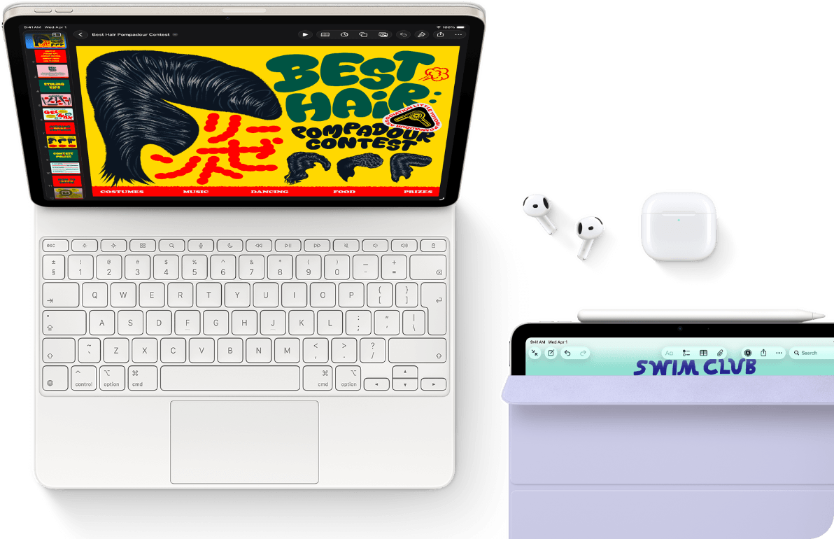 iPad Air, Farbe Polarstern, farbige Grafik auf dem Display, befestigt am Magic Keyboard, Airpods Pro und Apple Pencil Pro Zubehör