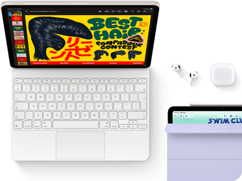 iPad Air, Farbe Polarstern, farbige Grafik auf dem Display, befestigt am Magic Keyboard, Airpods Pro und Apple Pencil Pro Zubehör