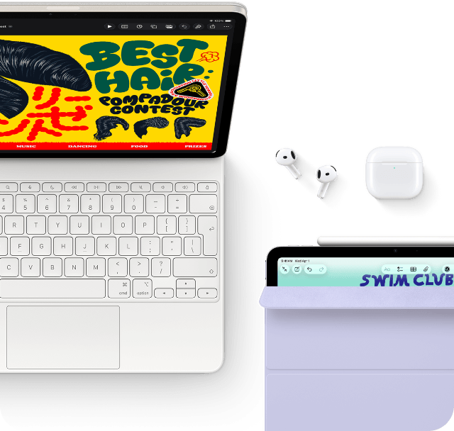 iPad Air, Farbe Polarstern, farbige Grafik auf dem Display, befestigt am Magic Keyboard, Airpods Pro und Apple Pencil Pro Zubehör