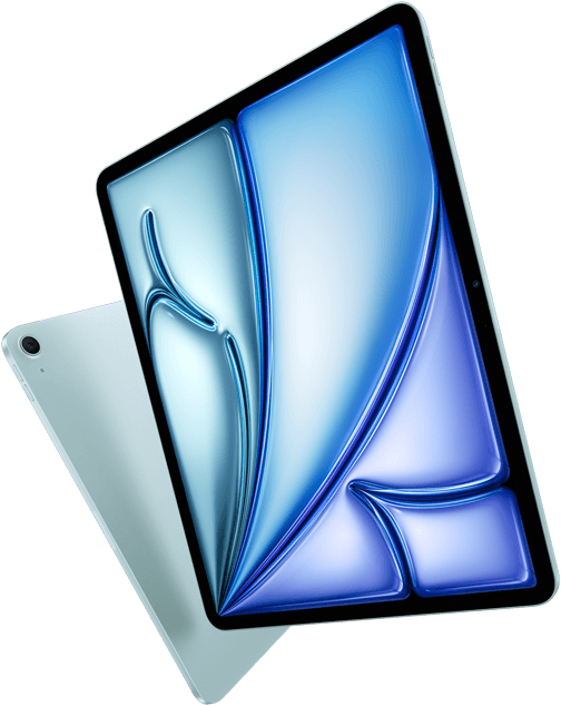 Schräge Vorderansicht des 13" iPad Air, farbenfrohes Display, Rückansicht des 11" iPad Air mit 12 MP Weitwinkel-Rückkamera