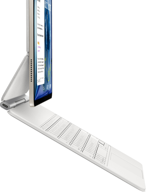 iPad Air, Farbe Polarstern, befestigt am Magic Keyboard, Weiß, Seitenansicht
