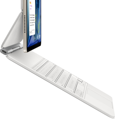 iPad Air, Farbe Polarstern, befestigt am Magic Keyboard, Weiß, Seitenansicht