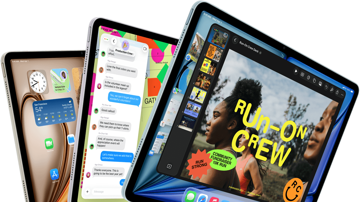 Drei iPad Air Displays in fächerähnlicher Anordnung, Farben: Blau, Violett, Polarstern, Vorderseite, Seitenansicht, die auf den Displays angezeigten Apps umfassen die Keynote App, Nachrichten und den Homescreen