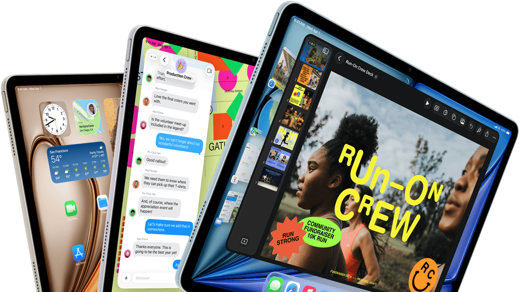 Drei iPad Air Displays in fächerähnlicher Anordnung, Farben: Blau, Violett, Polarstern, Vorderseite, Seitenansicht, die auf den Displays angezeigten Apps umfassen die Keynote App, Nachrichten und den Homescreen