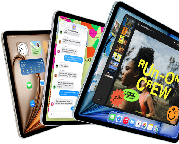 Drei iPad Air Displays in fächerähnlicher Anordnung, Farben: Blau, Violett, Polarstern, Vorderseite, Seitenansicht, die auf den Displays angezeigten Apps umfassen die Keynote App, Nachrichten und den Homescreen