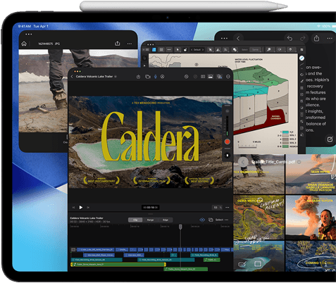 iPad Pro, Vorderansicht, Querformat, Farbe Space Schwarz, ein Apple Pencil haftet oben am Gerät, das Display zeigt mehrere App Fenster nebeneinander, darunter Final Cut Pro mit Videobearbeitungsfeatures und Timeline, Karten, Notizen und verschiedene Medienclips