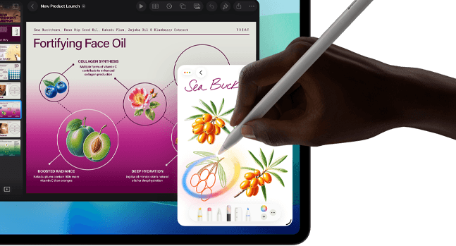 iPad Pro, Vorderseite, das Display zeigt einen Hintergrund mit dunkelblauem und grünem Farbverlauf und mehrere geöffnete Apps, eine Hand hält den Apple Pencil Pro und kreist eine Skizze ein, die das Apple Intelligence Feature „Bildkreation“ zeigt