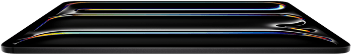 iPad Pro, Vorderseite, Farbe Space Schwarz, Aluminium‑ und Glasgehäuse, dünnes Profil, nach hinten geneigt mit Display, das mehrfarbige Linienkunst zeigt