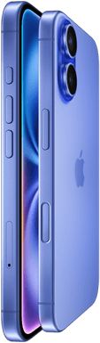 Zwei iPhone 16 Geräte, Seitenansicht, Display an Display aufeinanderliegend in der Farbe Ultramarin, Lautstärketasten, Actiontaste, Seitentaste, Taste für die Kamerasteuerung, Apple Logo in der Mitte, erhöhtes fortschrittliches Zwei-Kamera-System