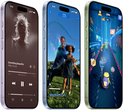 iPhone 17 Geräte, Vorderseite, Seitenansicht, zeigen Apple Music, Videowiedergabe, Gaming, Tasten: Actiontaste, Lautstärke