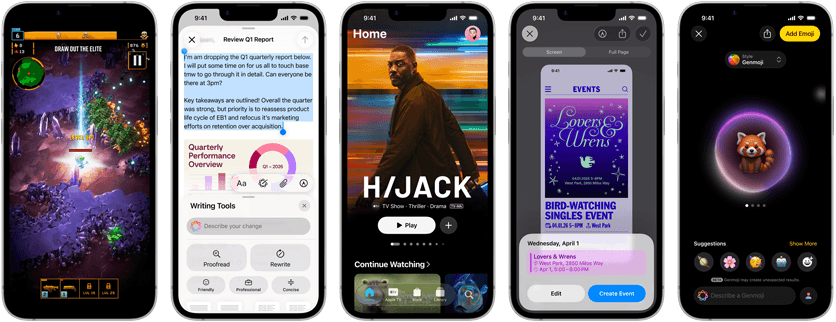Nebeneinander angeordnete iPhone 17e Geräte mit unterschiedlichen Displays: ein Spiel wird gespielt, Schreibtools, Apple TV App, ein Kalenderereignis wird erstellt, ein Genmoji wird erstellt