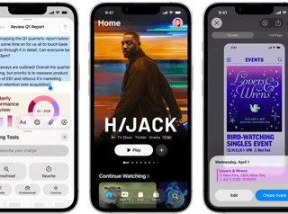 Nebeneinander angeordnete iPhone 17e Geräte mit unterschiedlichen Displays: ein Spiel wird gespielt, Schreibtools, Apple TV App, ein Kalenderereignis wird erstellt, ein Genmoji wird erstellt
