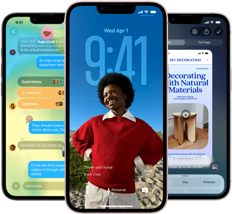 Drei iPhone 17e Geräte, die die Nachrichten App mit Liquid Glass Design, dynamischem Sperrbildschirm und Apple Intelligence in Aktion zeigen