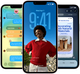 Drei iPhone 17e Geräte, die die Nachrichten App mit Liquid Glass Design, dynamischem Sperrbildschirm und Apple Intelligence in Aktion zeigen