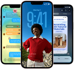 Drei iPhone 17e Geräte, die die Nachrichten App mit Liquid Glass Design, dynamischem Sperrbildschirm und Apple Intelligence in Aktion zeigen