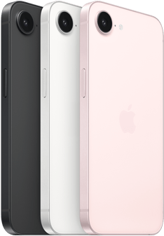 iPhone 17e, Seiten- und Rückansicht, Schwarz, Seiten- und Rückansicht, Weiß, Seiten- und Rückansicht, Hellrosa, Fusion Kamera oben, Seitentaste