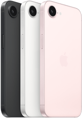 iPhone 17e, Seiten- und Rückansicht, Schwarz, Seiten- und Rückansicht, Weiß, Seiten- und Rückansicht, Hellrosa, Fusion Kamera oben, Seitentaste