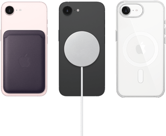 iPhone 17e in Farbe Hellrosa mit Feingewebe Wallet in Farbe Mitternachtviolett, iPhone 17e in Farbe Schwarz mit Silikon Case in Farbe Schwarz und MagSafe Ladegerät, iPhone 17e in Farbe Weiß mit Clear Case mit MagSafe