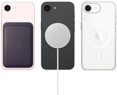 iPhone 17e in Farbe Hellrosa mit Feingewebe Wallet in Farbe Mitternachtviolett, iPhone 17e in Farbe Schwarz mit Silikon Case in Farbe Schwarz und MagSafe Ladegerät, iPhone 17e in Farbe Weiß mit Clear Case mit MagSafe