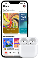 iPhone 17e, Vorderseite, Apple Music App mit geöffnetem Homescreen, neben AirPods Pro 3 im geöffneten MagSafe Ladecase