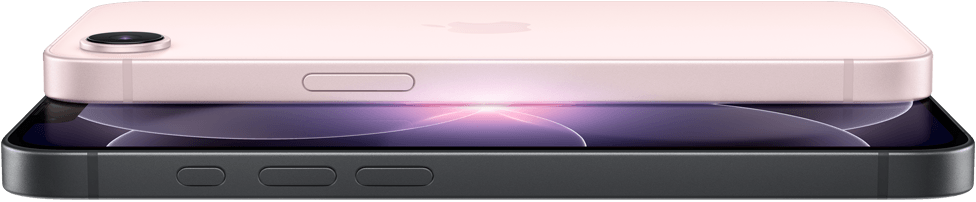 iPhone 17e, horizontale Seiten- und Rückansicht, Hellrosa, iPhone 17e, horizontale Seiten- und Vorderansicht, Schwarz
