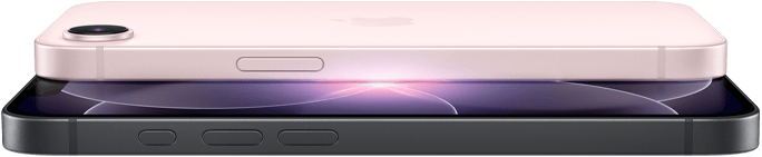iPhone 17e, horizontale Seiten- und Rückansicht, Hellrosa, iPhone 17e, horizontale Seiten- und Vorderansicht, Schwarz