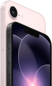 iPhone 17e, horizontale Seiten- und Rückansicht, Hellrosa, iPhone 17e, horizontale Seiten- und Vorderansicht, Schwarz