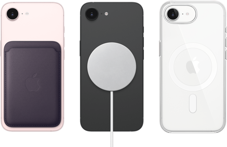 iPhone 17e, Rückseite, Farbe Hellrosa, Feingewebe Wallet mit MagSafe angebracht, iPhone 17e, Rückseite, Farbe Schwarz, MagSafe Ladegerät angebracht, iPhone 17e, Rückseite, Farbe Weiß, Clear Case mit MagSafe angebracht