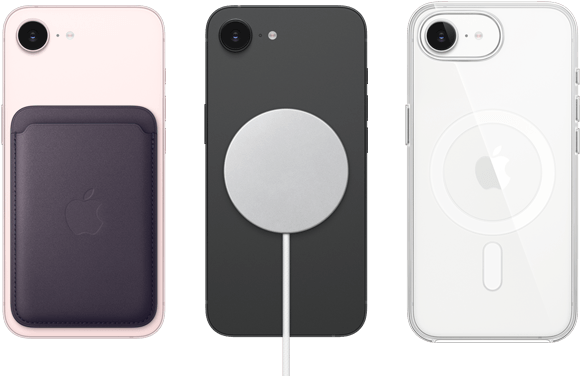 iPhone 17e, Rückseite, Farbe Hellrosa, Feingewebe Wallet mit MagSafe angebracht, iPhone 17e, Rückseite, Farbe Schwarz, MagSafe Ladegerät angebracht, iPhone 17e, Rückseite, Farbe Weiß, Clear Case mit MagSafe angebracht