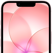 iPhone 17e, Teilansicht der Vorderseite mit Ceramic Shield 2, Farbe Hellrosa, zeigt ein Hintergrundbild mit einer rosa Blume