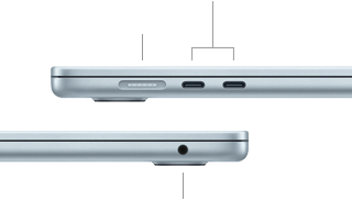 Eine Seitenansicht des MacBook Air zeigt die Anschlüsse: MagSafe und zwei Thunderbolt 4 Anschlüsse auf der linken Seite, Kopfhöreranschluss auf der rechten Seite