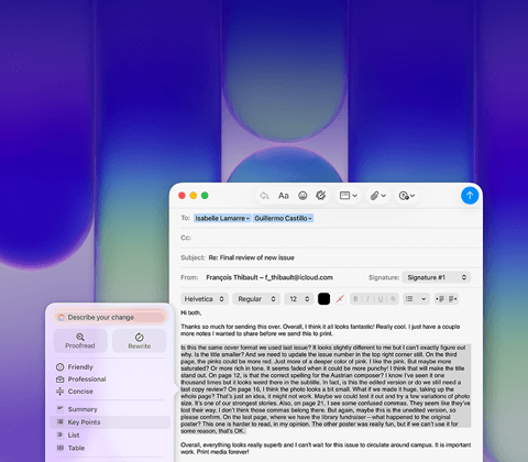 MacBook Neo Display, mit Apple Intelligence Schreibtools wird in Mail ein langer Absatz in einer E‑Mail mit Feedback zu einer Veröffentlichung überarbeitet