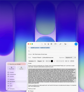 MacBook Neo Display, mit Apple Intelligence Schreibtools wird in Mail ein langer Absatz in einer E‑Mail mit Feedback zu einer Veröffentlichung überarbeitet
