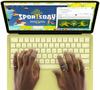 MacBook Neo, Farbe Zitrus, eine Person tippt auf der Tastatur und verfasst eine E-Mail Einladung zur Eröffnung eines Sportevents, die Website für das Event wird daneben angezeigt