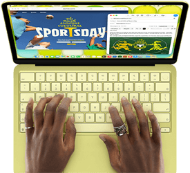 MacBook Neo, Farbe Zitrus, eine Person tippt auf der Tastatur und verfasst eine E-Mail Einladung zur Eröffnung eines Sportevents, die Website für das Event wird daneben angezeigt