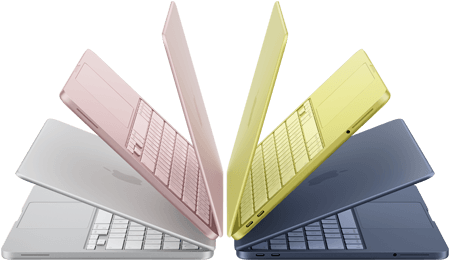 MacBook Neo Laptops in den Farben Silber, Rosa, Zitrus und Indigo, halb geöffnet und in einem Halbkreis angeordnet