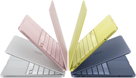 MacBook Neo Laptops in den Farben Silber, Rosa, Zitrus und Indigo, halb geöffnet und in einem Halbkreis angeordnet