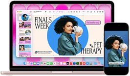 MacBook Neo, Farbe Rosa, neben einem iPhone, das MacBook Neo Display zeigt eine Präsentation mit dem Titel „Finals Week Pet Therapy“ mit dem Foto einer Person, die ein Kaninchen hält, das iPhone Display zeigt das gleiche Foto, das in einen Sticker für die Präsentation verwandelt wurde