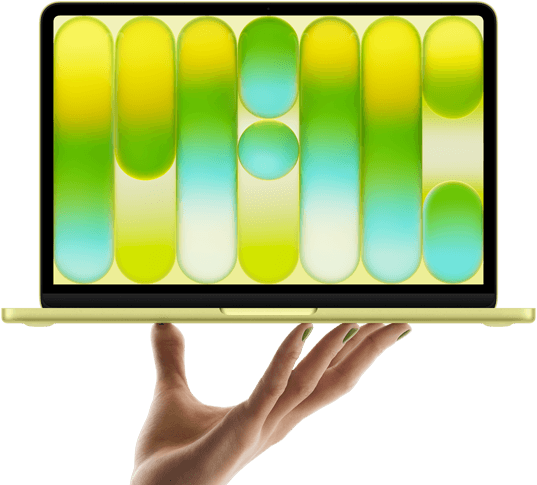 Das MacBook Neo in Farbe Zitrus wird auf den Fingerspitzen einer geöffneten Hand balanciert, das Display zeigt ein farbiges, abstraktes Muster