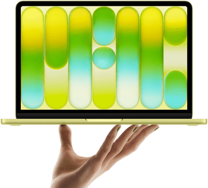 Das MacBook Neo in Farbe Zitrus wird auf den Fingerspitzen einer geöffneten Hand balanciert, das Display zeigt ein farbiges, abstraktes Muster