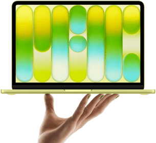 Das MacBook Neo in Farbe Zitrus wird auf den Fingerspitzen einer geöffneten Hand balanciert, das Display zeigt ein farbiges, abstraktes Muster