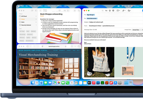 MacBook Neo, Farbe Indigo, das Display zeigt eine Begrüßungsmail für neue Mitarbeitende in einer Buchhandlung, andere Fenster enthalten Notizen mit Informationen zum Onboarding und zum Mitarbeiterportal der Buchhandlung in Safari