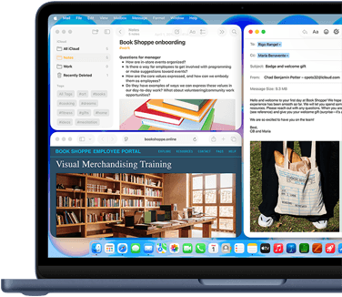 MacBook Neo, Farbe Indigo, das Display zeigt eine Begrüßungsmail für neue Mitarbeitende in einer Buchhandlung, andere Fenster enthalten Notizen mit Informationen zum Onboarding und zum Mitarbeiterportal der Buchhandlung in Safari