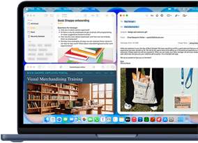 MacBook Neo, Farbe Indigo, das Display zeigt eine Begrüßungsmail für neue Mitarbeitende in einer Buchhandlung, andere Fenster enthalten Notizen mit Informationen zum Onboarding und zum Mitarbeiterportal der Buchhandlung in Safari